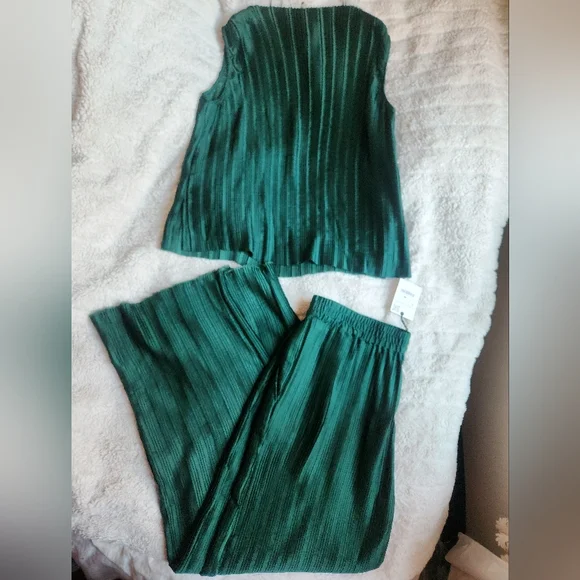 Zara Co-ord Set pleated top & pleated pants raw hems green Sz L NWT - Picture 7 of 16